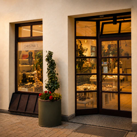 Eingang und Schaufenster von Christina's Schuhmoden